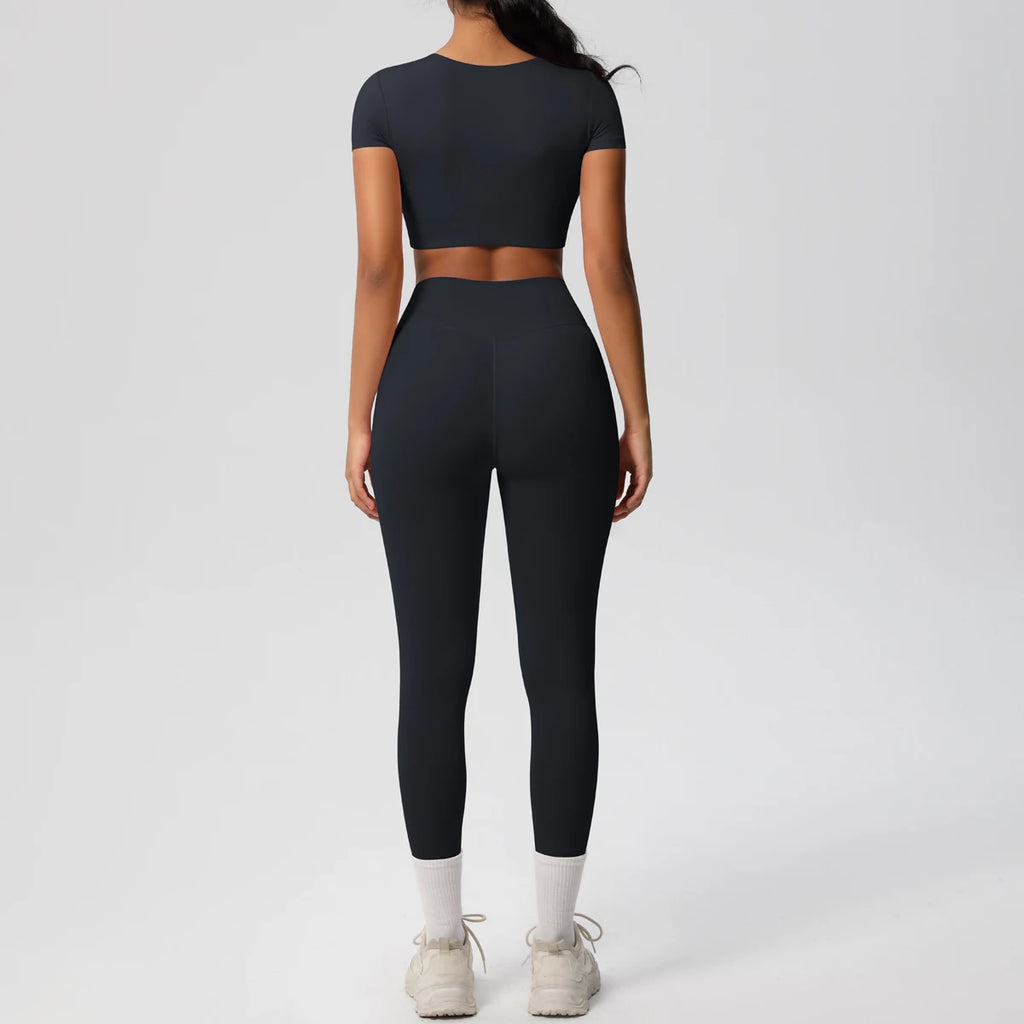 2PCS Woman Gym Sports Yoga Set Knitted Slim Workout Top Short Sleeve Quick Drying Legging Fitness Pants Running Sports Yoga Suit