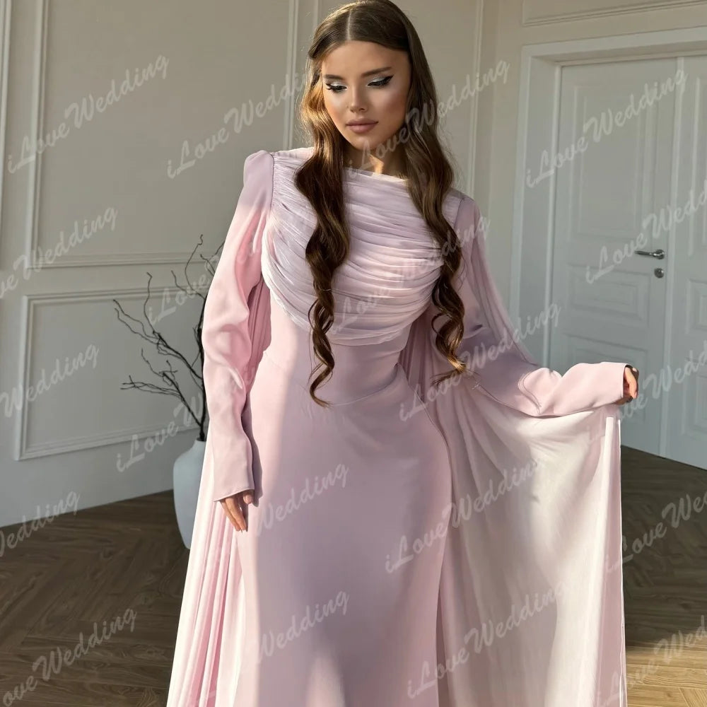 Pink Long Sleeves Mermaid Prom Dresses robes de soirée A-line Pleats Evening Dress Floor-Length Wedding Guest Dress Customized Secondary image