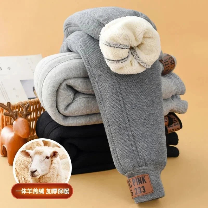 2026 Children Thick Cotton Pants Winter Boys Girls Padded Plush Velvet Trousers Big Kids Lamb Wool Warm Snow Pants 4-14 Years