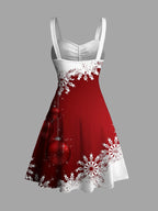 Dressfo Women's Christmas Dresses Sweetheart Neck Snowflake Bell Contrast Print Ruched Bust Tank Belt Festival Dress Vestidos