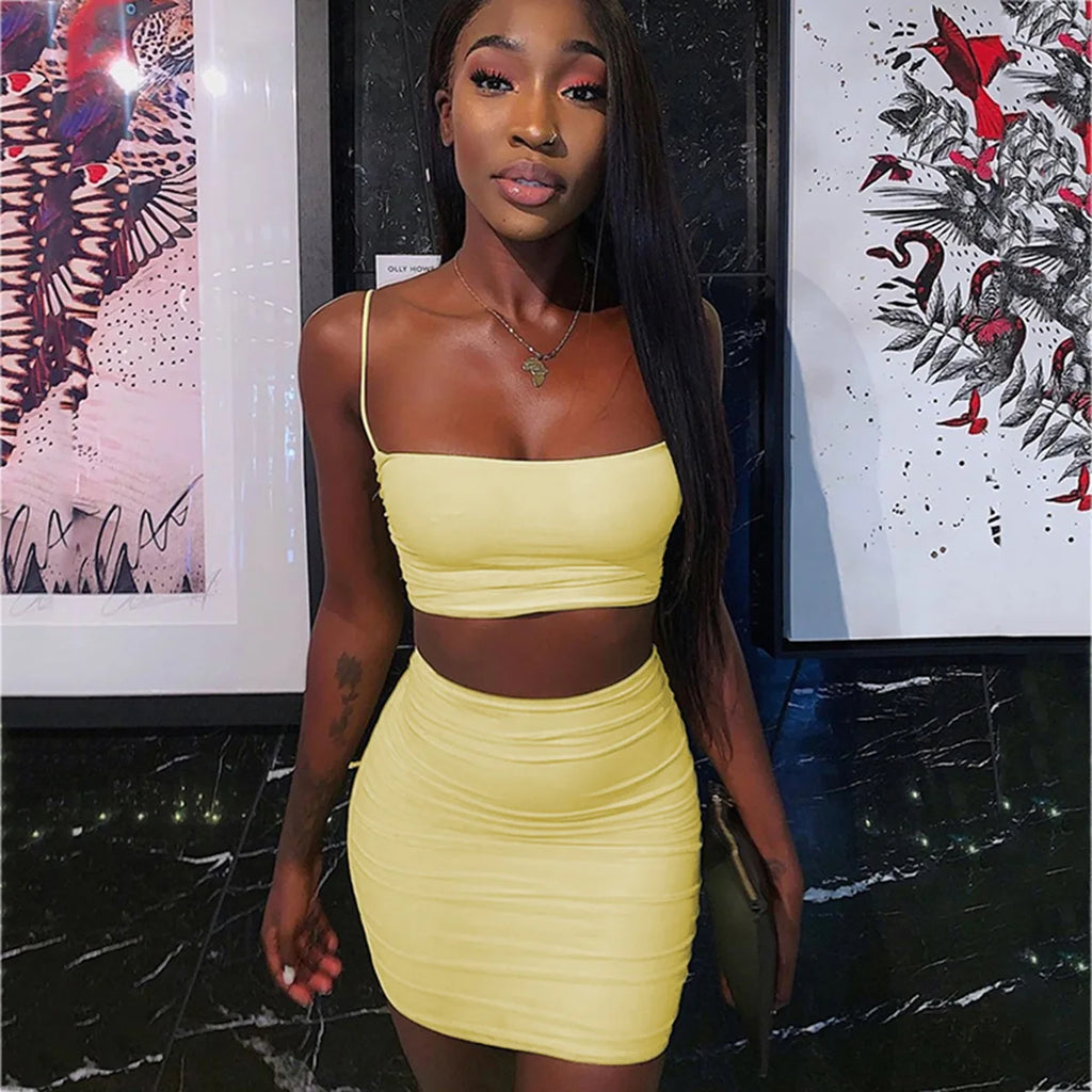 Women's New Sexy Sleeveless Strap Small Tank Top Short Top Fashion Wrinkle Bag Hip Skirt Two Piece Set