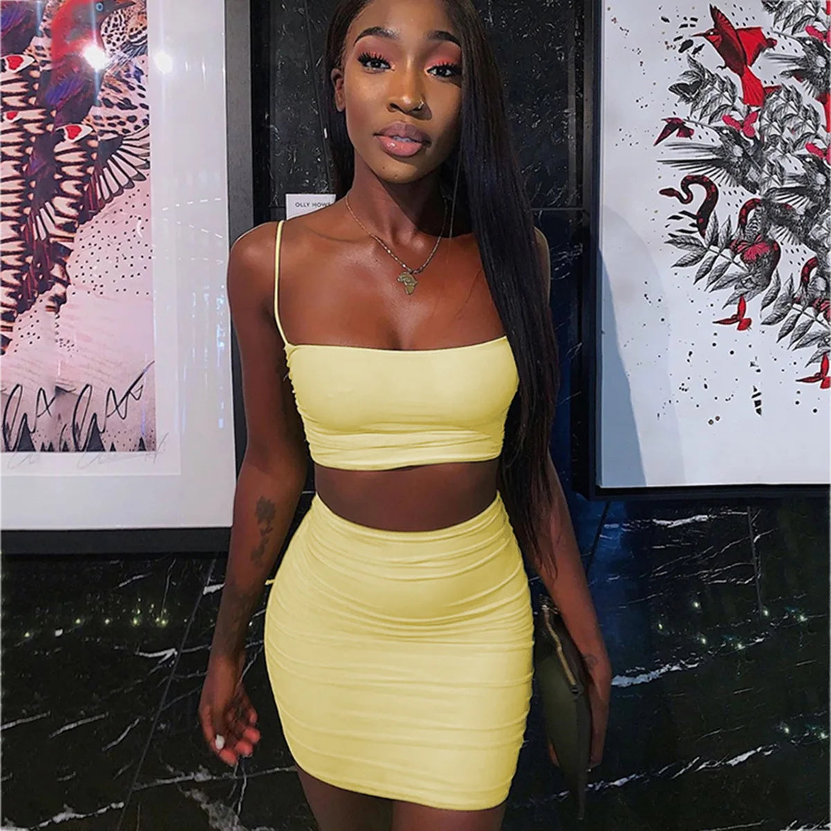 Women's New Sexy Sleeveless Strap Small Tank Top Short Top Fashion Wrinkle Bag Hip Skirt Two Piece Set