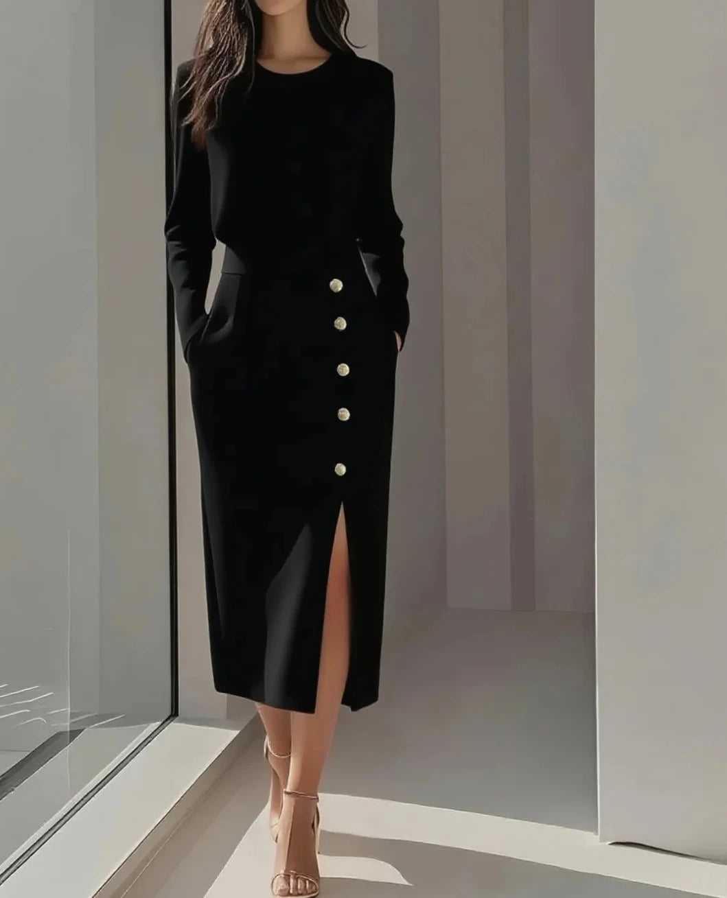 Women's  Solid Color Long Sleeves Elegant Midi Dress with Button Details and Side Slit - Crew Neck Main image
