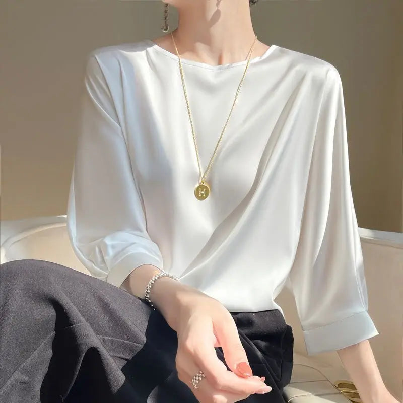 New In Summer Satin Silk Half-Sleeve Tee Tops Basic Solid Women‘s T-Shirt Casual O-neck Thin Shirts Ladies Loose Blouses