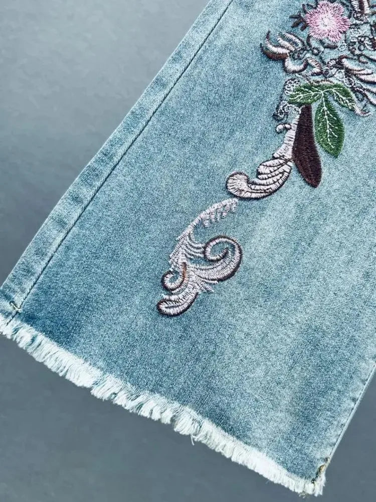 Y2k Jeans Trend Spring Summer Fashion All-match Lace Splicing Denim Straight Pants Blue Jeans for Women Streetwear Wide Leg New