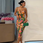 Floral Print Sexy Bodysuit Pant Set Hot Girl Sweetheart Backless Spaghetti Straps Top Elastic Waist Capri Pants Lady Outfit