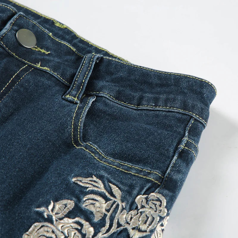 Flare Pants Jeans Women Embroidery Boot Cut Low Waist Washed Distressed Pockets Floor Length Streetwear 2025 Denim Trousers