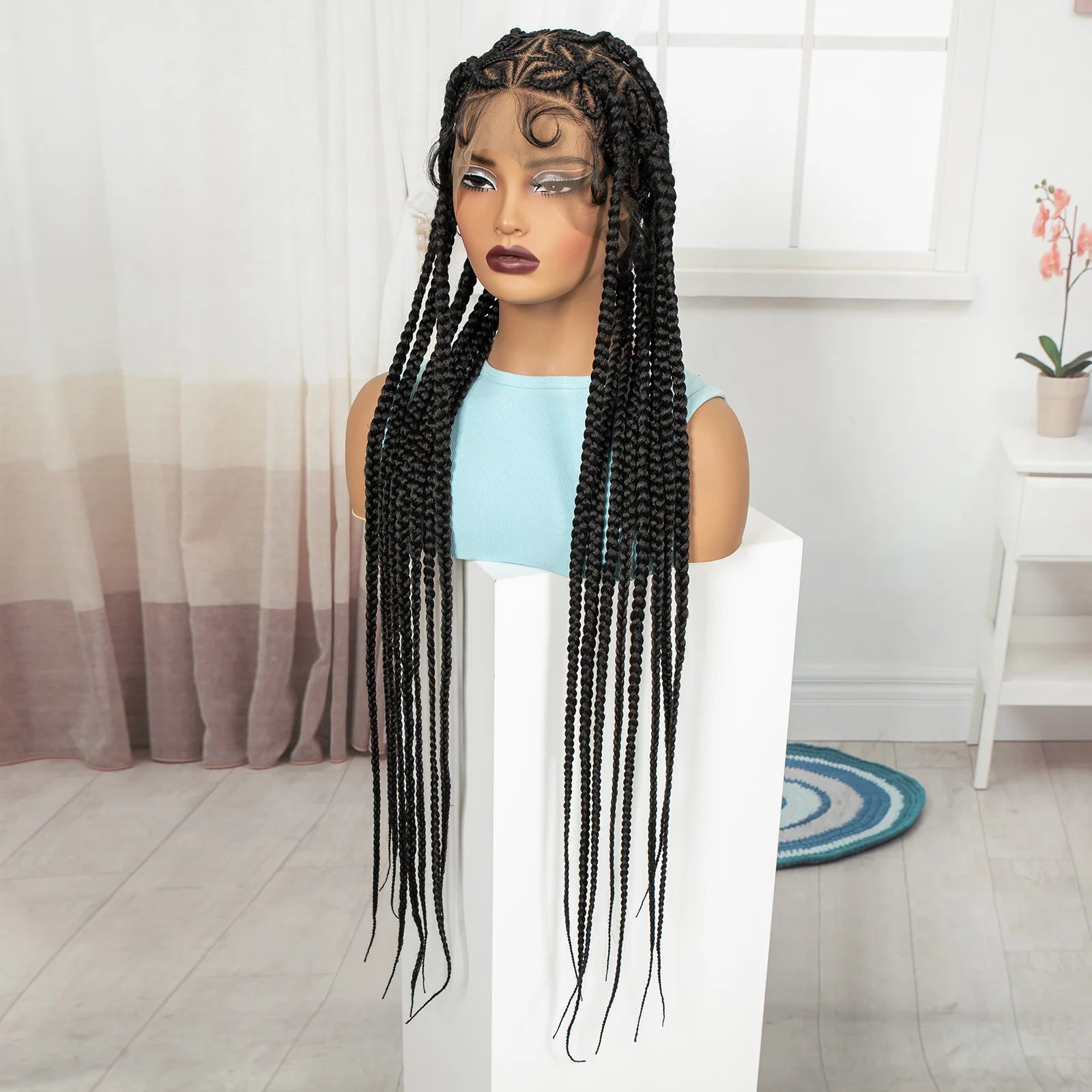 36in Full Lace Cornrow Braided Wigs Synthetic Natural Braiding Hair Wigs Box Braided Lace Wigs with Baby Hair for Black Women