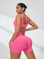 Sexy Backless Women Yoga Rompers U Neck Sleeveless Threaded Jumpsuit Solid Color Elastic Bodysuit Without Bust Pads Streetwear