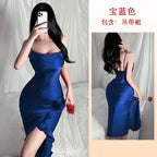 Red New Sling Sexy And Charming Ruffle Edge Bottom Split Smooth Surface Sleeveless Appear Thin Temperament Girl Long Dress 👗