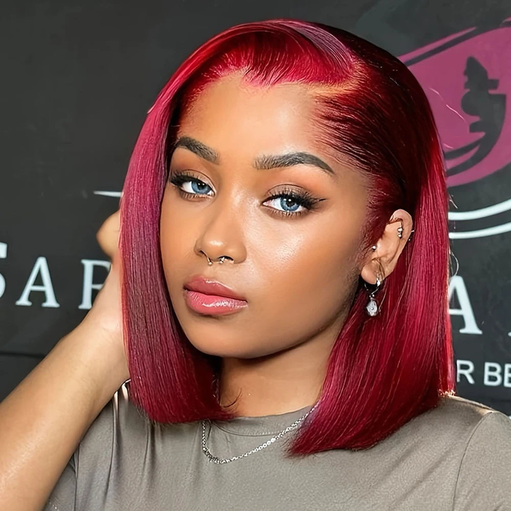 Bob Wig Human Hair 13X4 HD Lace Frontal Short Straight Lace Front Bob Wigs for Black Women Human Hair Wine Red 99J Burgundy Main image