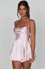 Sexy Women's Backless Dress Cross Strap Sleeveless Round Neck Short Summer Pure Color Satin Evening Dress Jumpsuit Vest Club Bar Nightclub Outfit