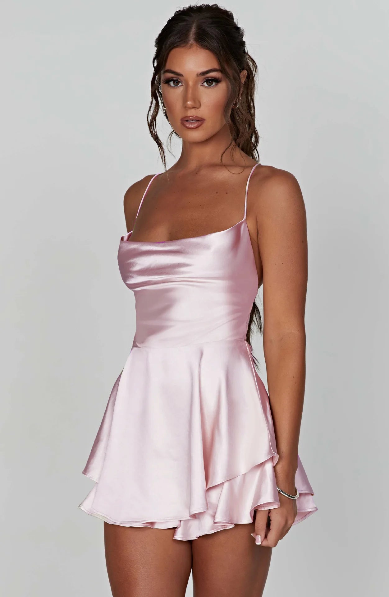 Sexy Women's Backless Dress Cross Strap Sleeveless Round Neck Short Summer Pure Color Satin Evening Dress Jumpsuit Vest Club Bar Nightclub Outfit