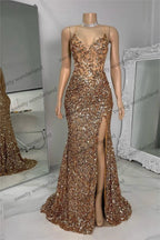 Gold Sequined Evening Dresses with Slit Mermaid vestidos de noche Spaghetti Straps Prom Dress Customized Wedding Party Gown