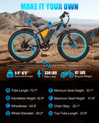 EOEOTWO Electric Bike,1500W Peak Ebikes for Adults, 26'' Fat Tire Best Ebike for Men, 70 Miles with 960Wh Battery, 25-30MPH Max Speed Bicycles, 330LB Capacity