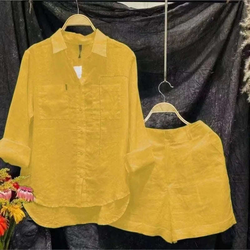 Summer Cotton Linen Casual Home 2 Piece Set For Women 2026 Fashion White Long Sleeve Shirt And Shorts Two Piece Sets Tracksuit