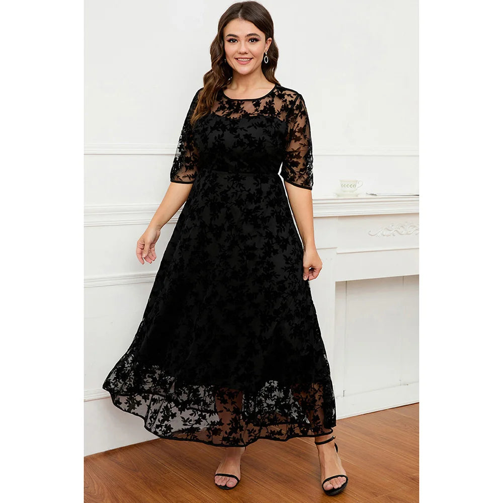 Plus Size Formal Black Lace Flocking Mesh Velvet Double Layer Tunic Maxi Dress Round Neck Long Dress Main image