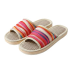 Striped Linen Open Toe Slippers Breathable Indoor House Slippers Anti Slip EVA Sole Lightweight Casual Home Slides For Men Women