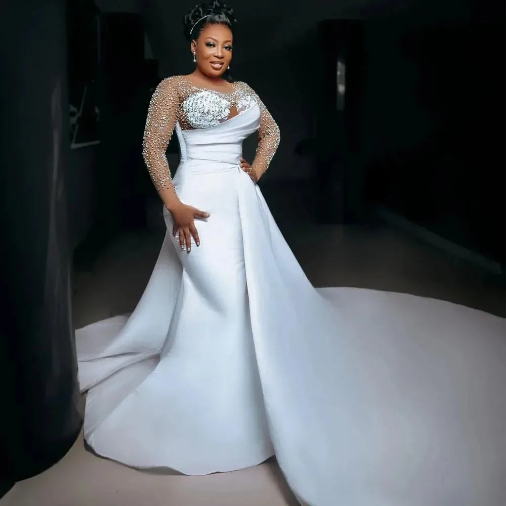 Custom Elegant Sparkling Long Sleeve Mermaid Wedding Dress Arab Jewelry Collar Plus Size Bridal Dress Crystal Evening Dress