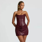 Suninheart Pu Faux Leather Party Dress Women 2026 Strapless Bodycon Mini Dress Elegant Lace Up Ruched Dress for Wedding Events