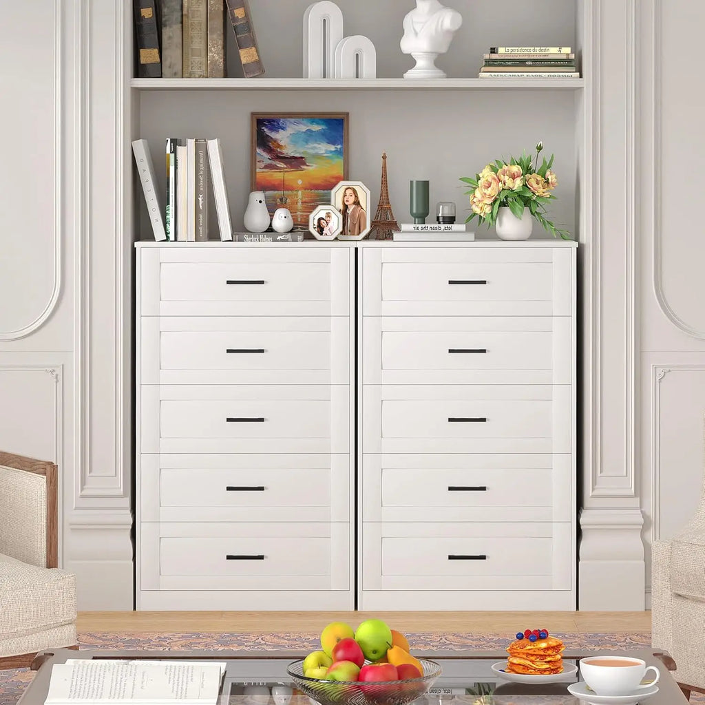 5 Drawer Dresser for Bedroom, White Dresser with Deep Drawers, Modern Tall Dresser Farmhouse Wooden Dresser Chest of Drawers