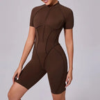 Seamless Yoga Jumpsuits Sports Fitness Zipper Hip-lifting Short-sleeved Backless Dance Workout Gym Shorts Bodysuits for Women