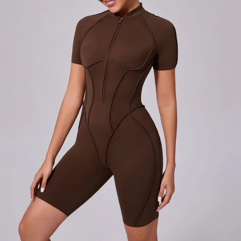 Seamless Yoga Jumpsuits Sports Fitness Zipper Hip-lifting Short-sleeved Backless Dance Workout Gym Shorts Bodysuits for Women
