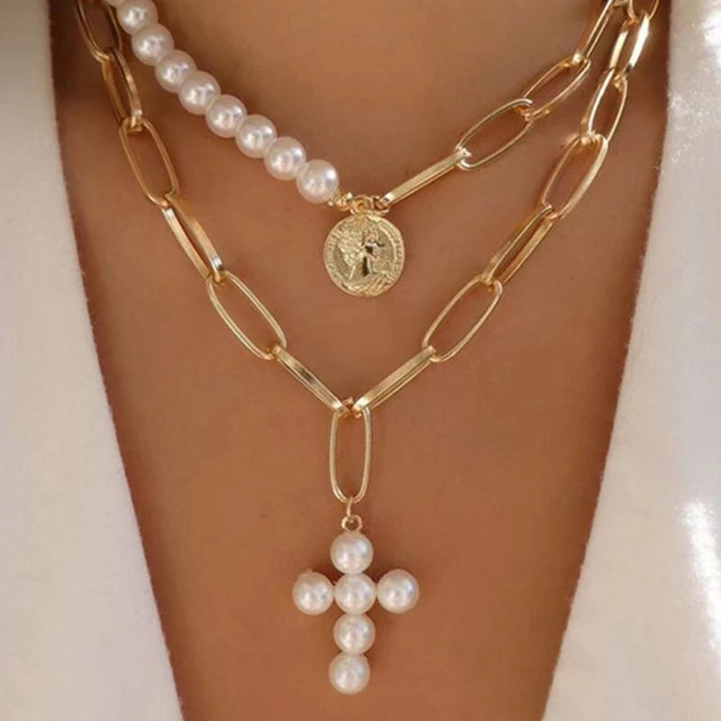 Classic Pendant Necklace for Women Micro Zircon Turkish Lucky Evil Eyes Palm Cross Pearl Multilayer Metal Chain Choker Jewelry Secondary image
