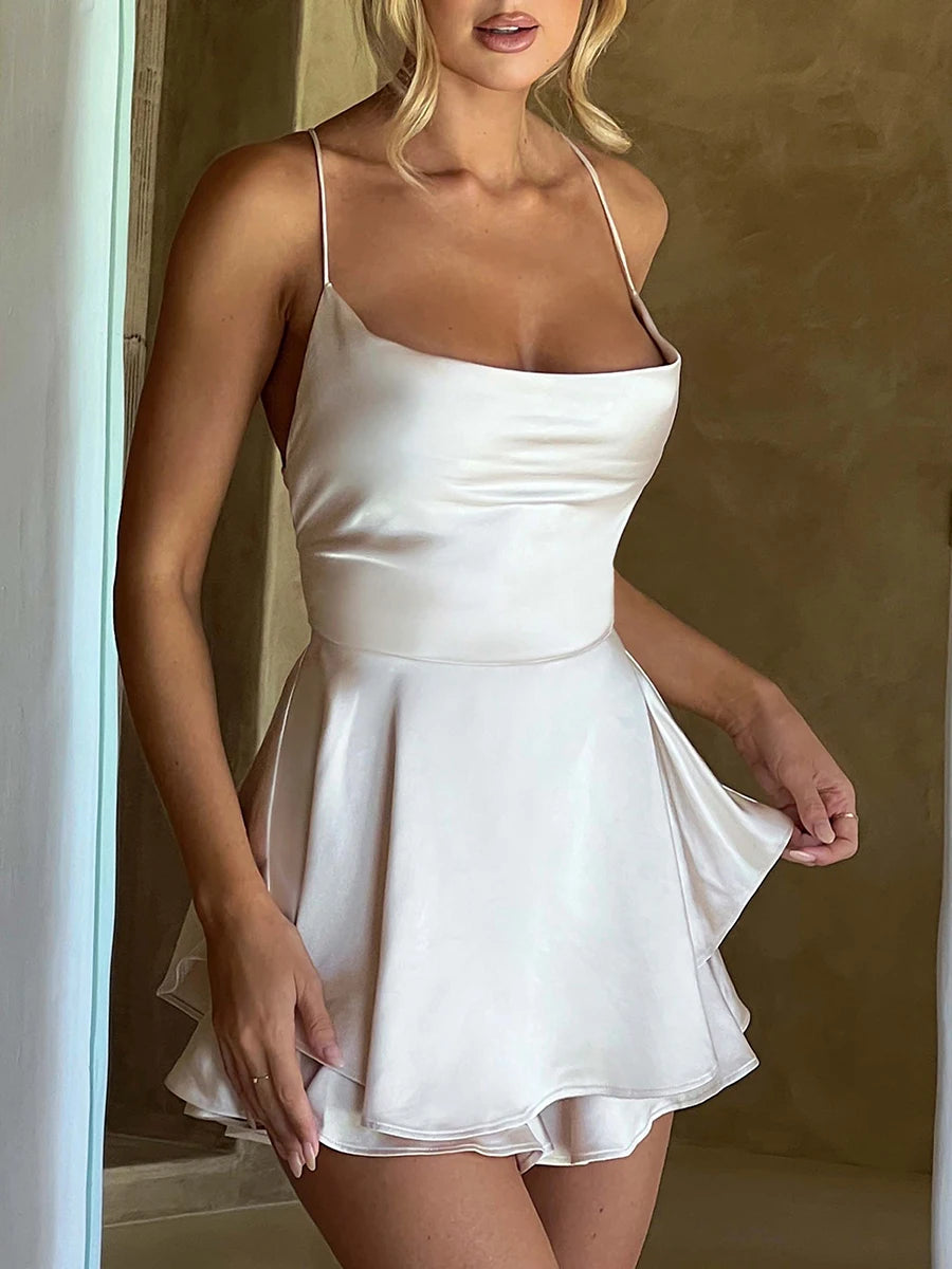 Women Sexy Cross Tie-Up Backless Cami Playsuits Cowl Neck Sleeveless Short Jumpsuits Summer Solid Color Romper Club Streetwear Secondary image