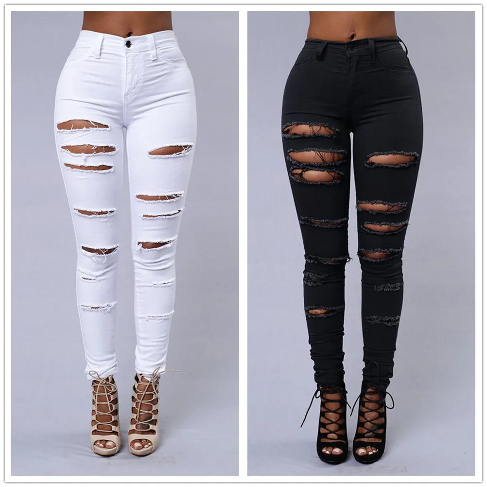 New Spring Summer Elastic Trousers Black and White Ripped Jeans Fashion Sexy Skinny Denim Pencil Pants S-3XL Drop Shipping Main image