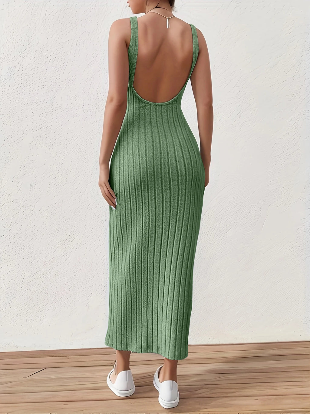 Solid Backless Tank Dress，Summer new sexy backless mid-length knitted sleeveless dress