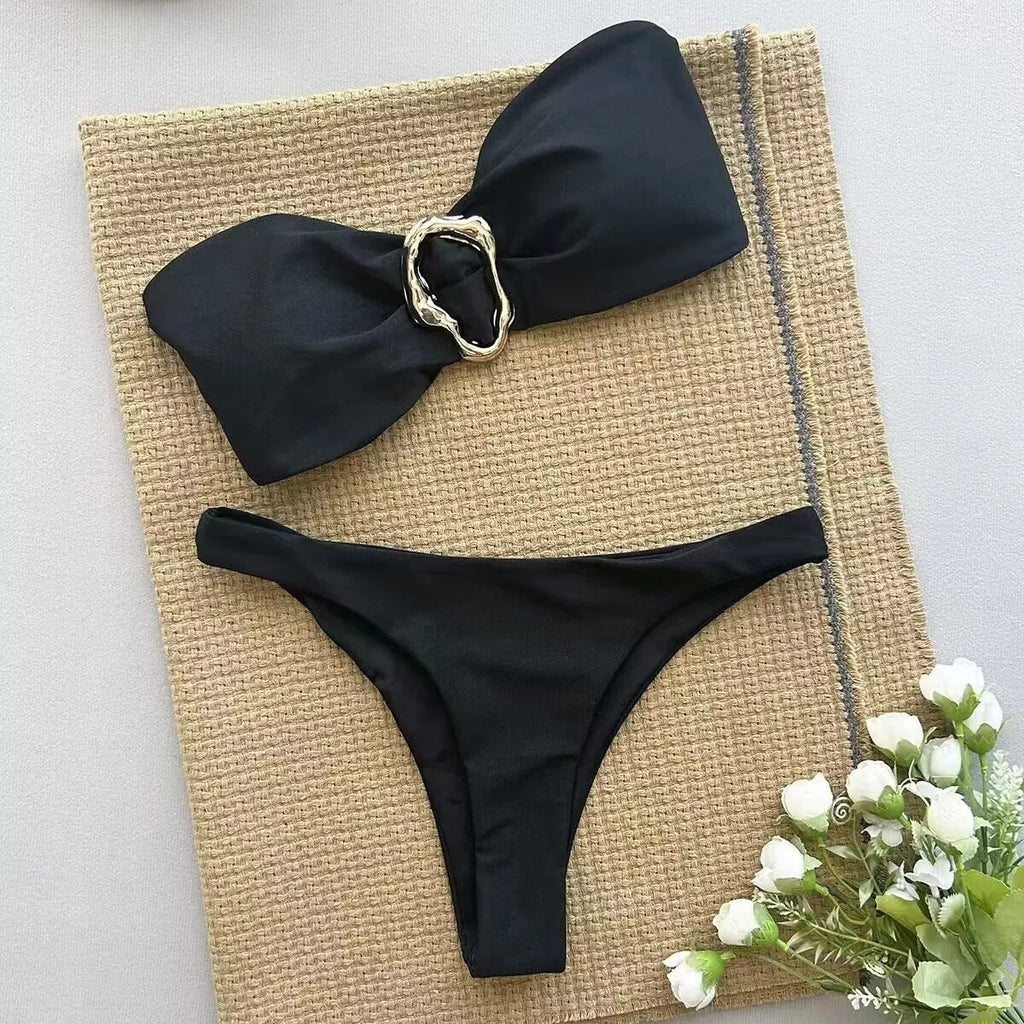 Women Strapless Bikinis Sets Summer Push Up Swimwear Two Pieces Suits Female Sexy Swimsuits Solid Color Lady Backless Beachwear