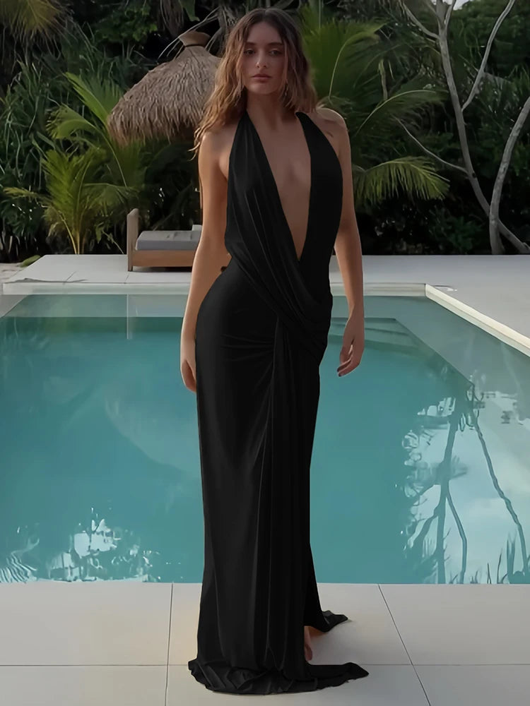 Sisterlinda Sexy High Splits Long Dress Women Halter Deep V-Neck Backless Sleeveless Summer Pool Party Ruched Elegant Vestidos