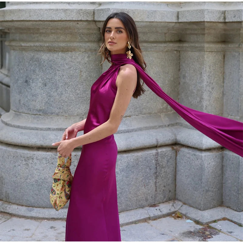 Elegant Ribbon Halter Dress Women Solid Off Shoulder Sleeveless Backless Slim Maxi Dresses 2026 Summer Autumn Party Robes Lady