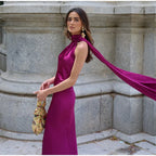 Elegant Ribbon Halter Dress Women Solid Off Shoulder Sleeveless Backless Slim Maxi Dresses 2026 Summer Autumn Party Robes Lady