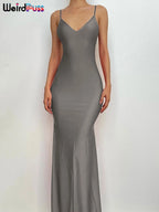 Weird Puss Sexy Backless Women Evening Maxi Dress Folds V-Neck Sleeveless Coquette Elegant Mermaid Matching Banquet Prom Bodycon