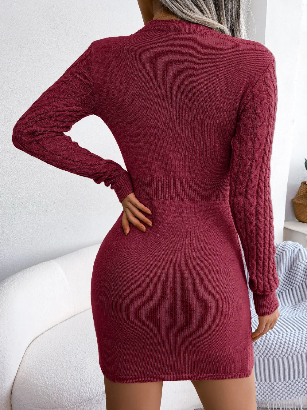 VigoCasey 2026 Blue Casual Short Knit Dress Autumn Winter Women Long Sleeve Dress Sexy Lady Solid Hollow Bodycon Knitted Dresses