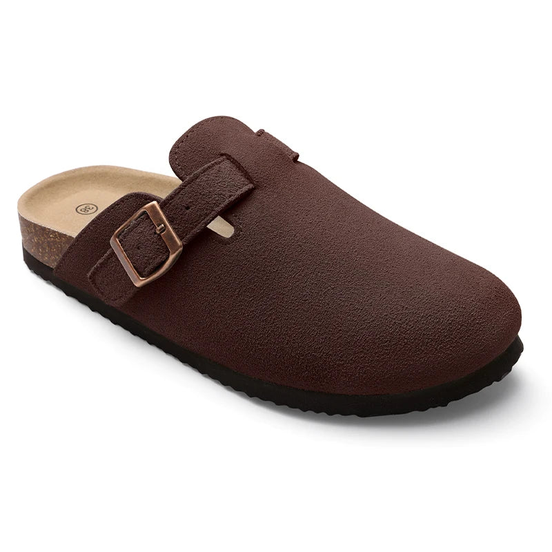 Kidmi Men's Suede Clogs Cork Footbed Clogs for Women Soft Leather Adjustable Buckle Slip-on Potato Shoes Sandals Beach Slippers