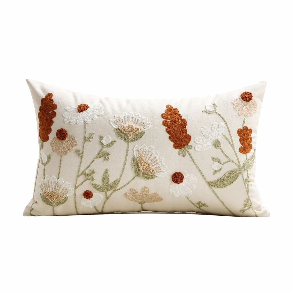 Spring Summer Floral Embroidered Decorative Throw Pillow Covers 12x20 Inch Farmhouse Beige Flowers Boho Cushion Case for Bedroom