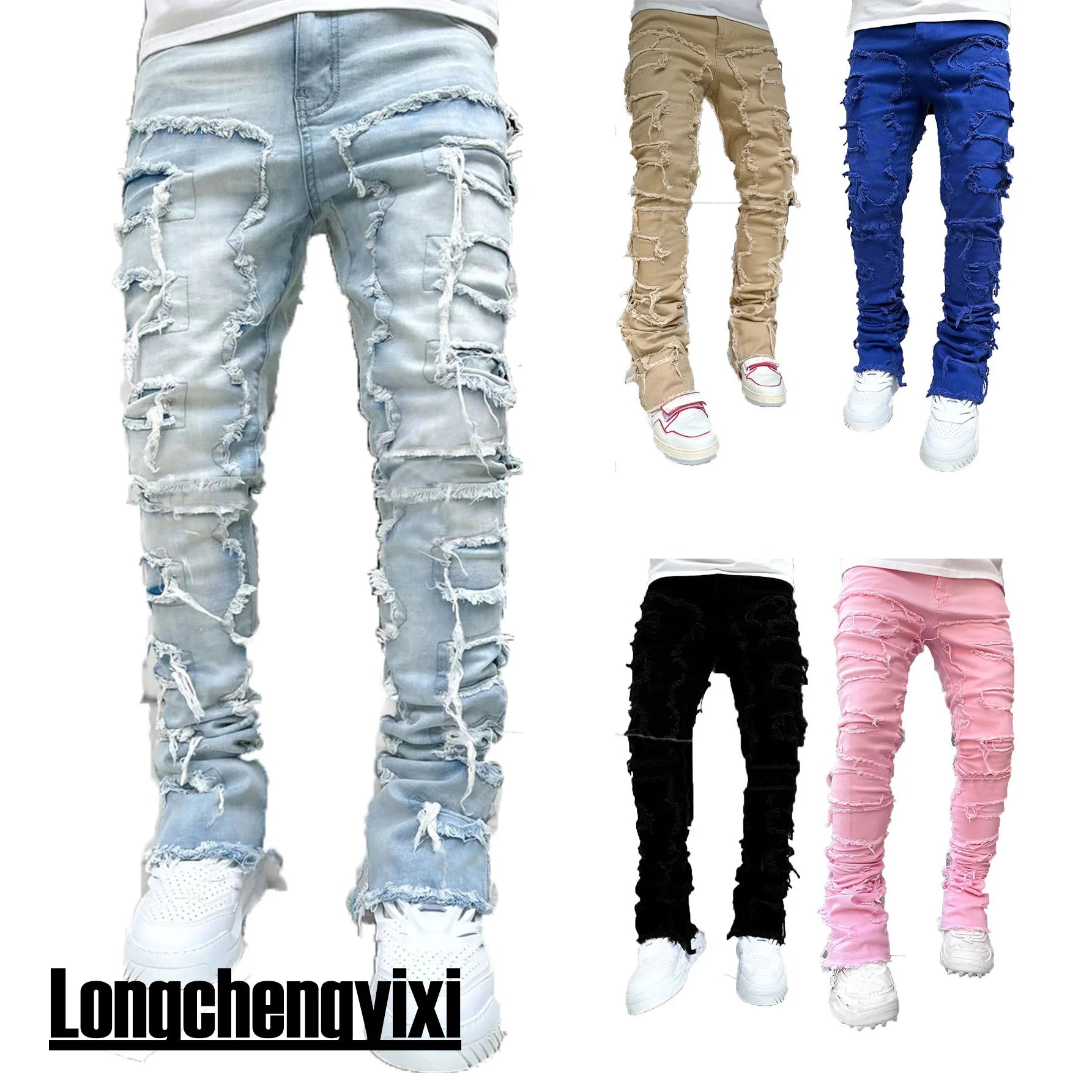Men's Regular Fit Stacked Jeans Ripped Slim Fit Patch Distressed Destroyed Straight Denim Pants Hip Hop Streetwear Trouser Cloth Secondary image