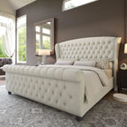 Queen Size Platform Bed Frame, Chenille Upholstered Sleigh Bed with Scroll Wingback Headboard & Footboard/Button, Customized