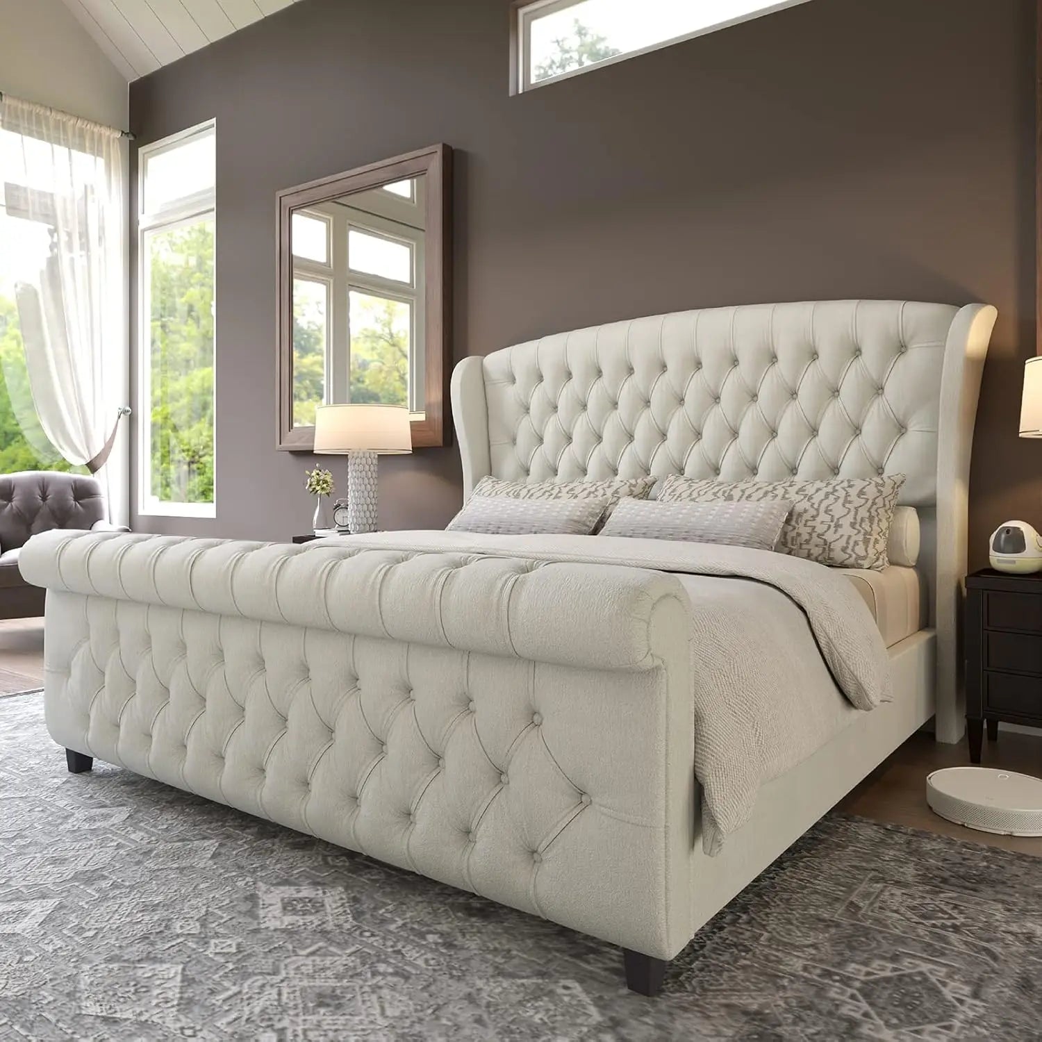 Queen Size Platform Bed Frame, Chenille Upholstered Sleigh Bed with Scroll Wingback Headboard & Footboard/Button, Customized Main image