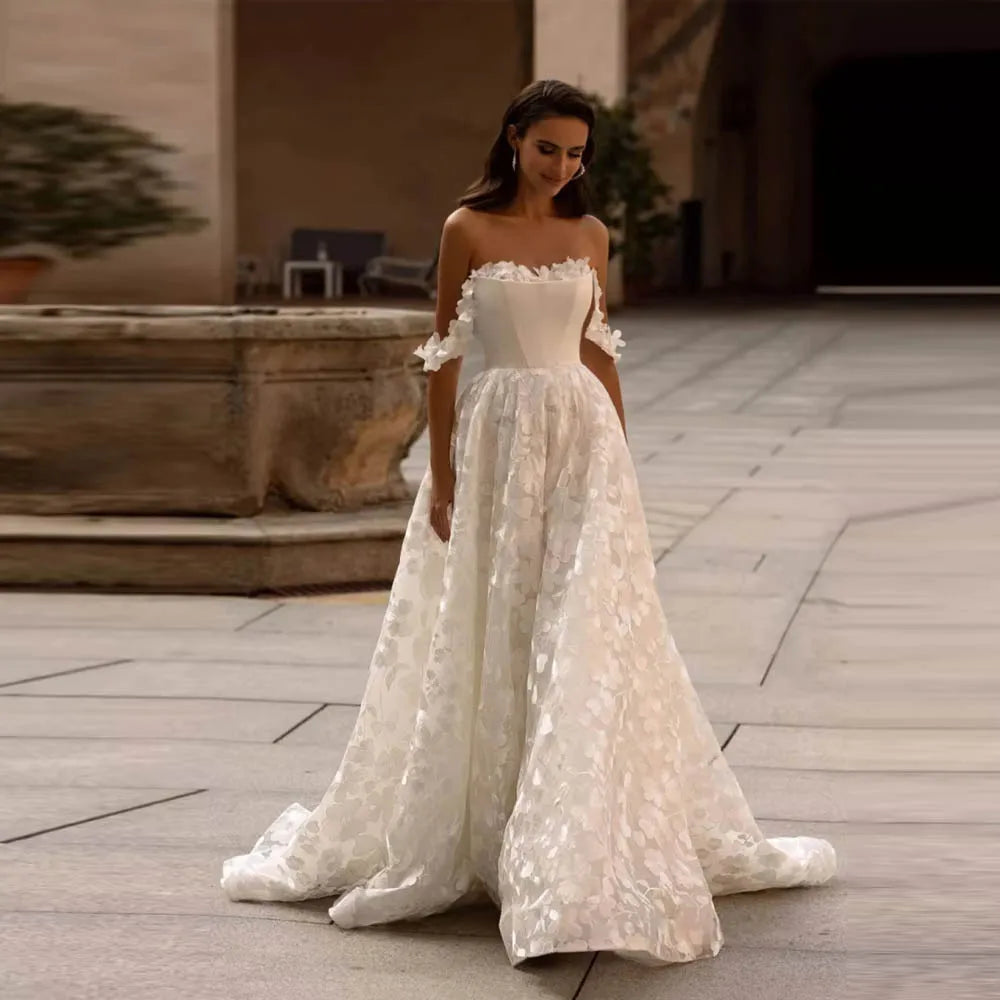 Gorgeous Tulle Women Wedding Dresses Elegant A-Line Lace Flower Print Bridal Gowns Formal Occasion Vestidos De Novia Customized Main image