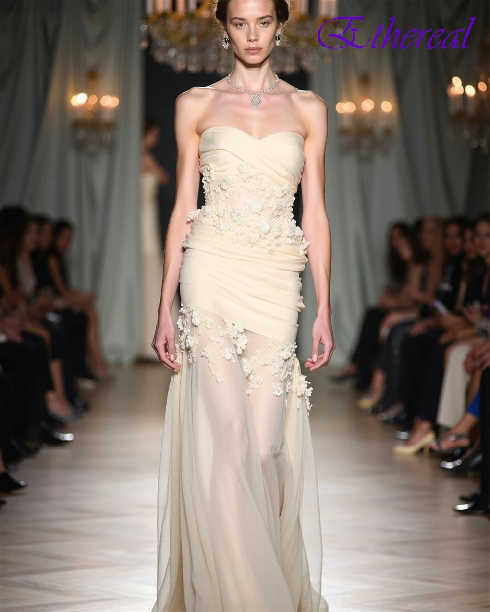 Customized See Through Chiffon Strapless Evening Dress High Quality Flowers Prom Dresses Delicate Special Occasion Gowns