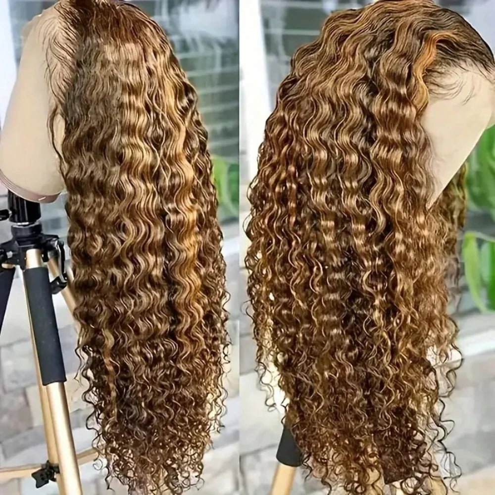 Glueless Pre Plucked Lace Front Human Hair Wigs 30 Inch 13x6 HD Ombre Highlight 4 27 Honey Blonde Deep Wave 250 Density Bouncy Hair For All Occasions