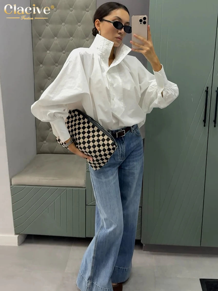 Clacive Fashion Loose White Cotton Women's Shirt 2025 Casual Lapel Long Sleeve Blouse Elegant Classic Solid Top Female Clothing
