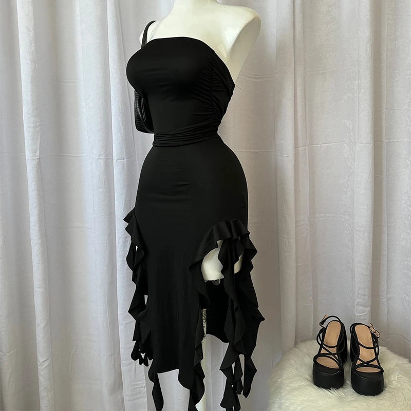 Women Strapless Sexy Floral Fold Hemline High Slit Mini Dress  2026 Solid Backless Sleeveless Black And Pink Party Dress Vestidos