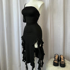 Women Strapless Sexy Floral Fold Hemline High Slit Mini Dress  2026 Solid Backless Sleeveless Black And Pink Party Dress Vestidos