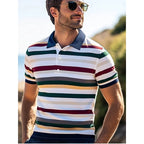 3D Print Colorful Color Block Polo Shirt For Men Stripes Pattern T-Shirts Summer Loose Street Lapel Top Button Short Sleeve Tees