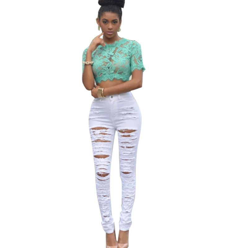 HOLE Denim Women 2025 High Waist Ripped Jeans for Women Skinny Black Pockets Jeans Woman Elastic Slim Jean Female Femme Pants